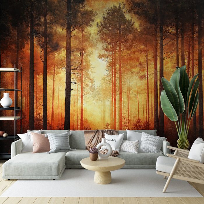 Tapeta planouci les flaming | Lesní krajina s ohnivými a dramatickými odstíny