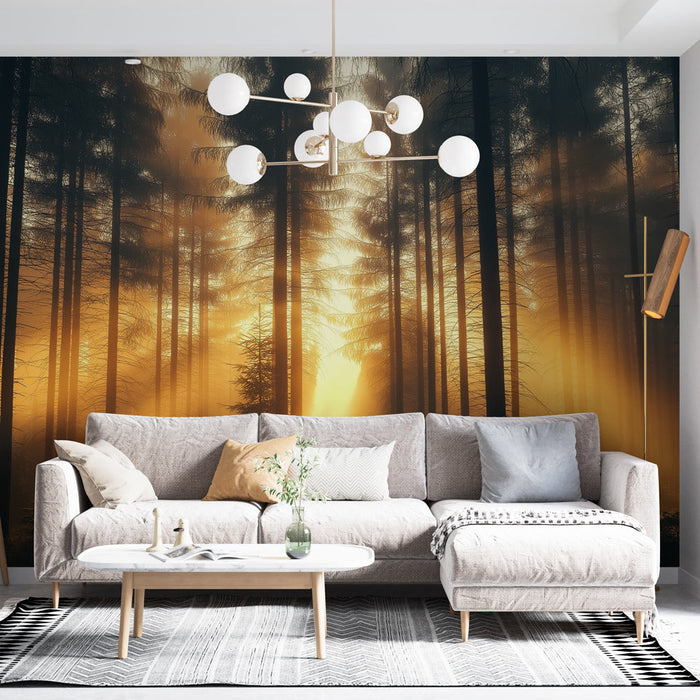 Fototapeta slunecni les | Zlate svetelne paprsky skrz tmave stromy