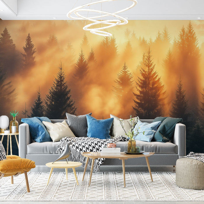 Tapet pădure însorită | Siluete de copaci în lumină aurie și cețoasă