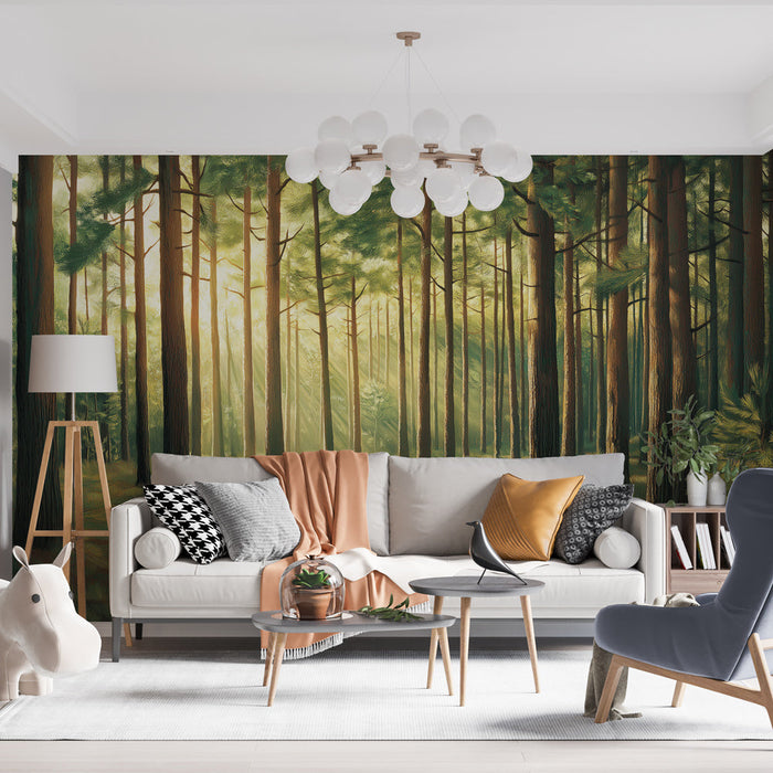 Tapeta słoneczny las | Spokojna atmosfera z majestatycznymi drzewami