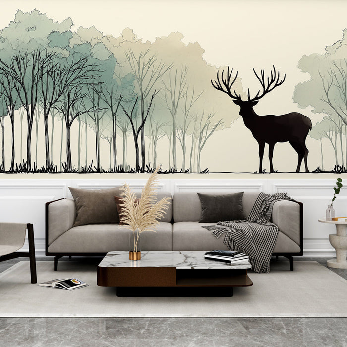 Carta da parati foresta e cervi | Silhouette di un cervo maestoso circondato da alberi d'acquerello
