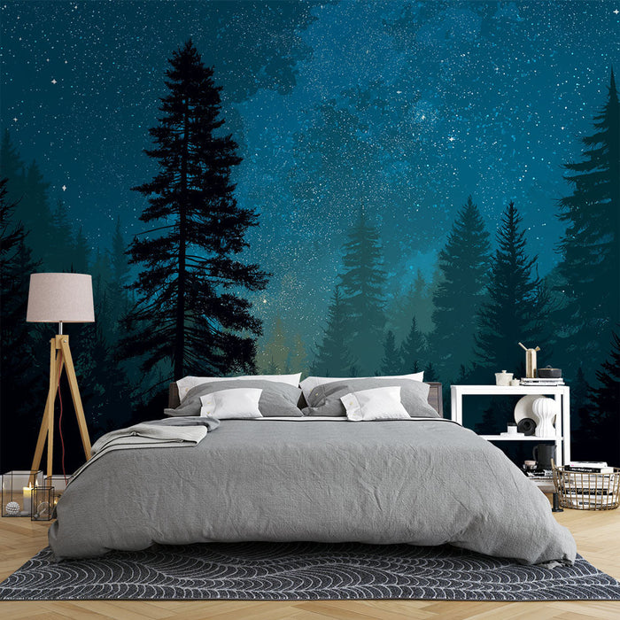 Foto Behang bos met sterrenhemel | Silhouetten van bomen onder een fonkelende nachtelijke hemel
