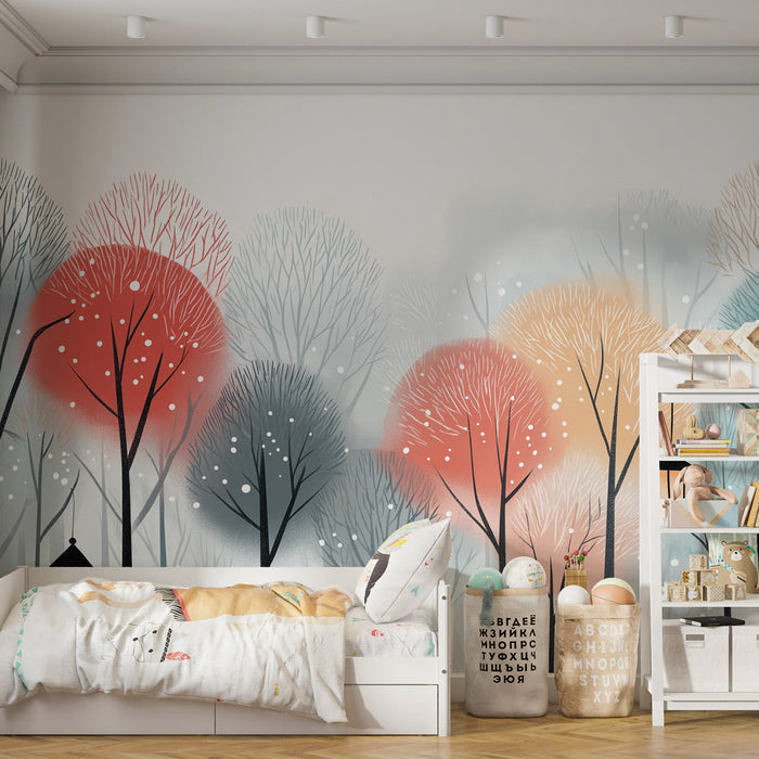 Fototapet Zimsku šumu | Šareno drveće pod snijegom s visećim lampionima