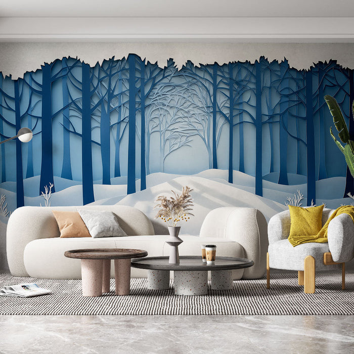 Мурален тапет зимна гора | Успокояваща сцена на гора в синьо и бяло релеф
