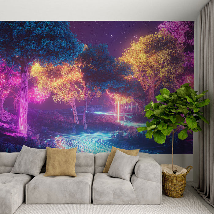 Светеща гора тапет | Цветни дървета под звездно небе