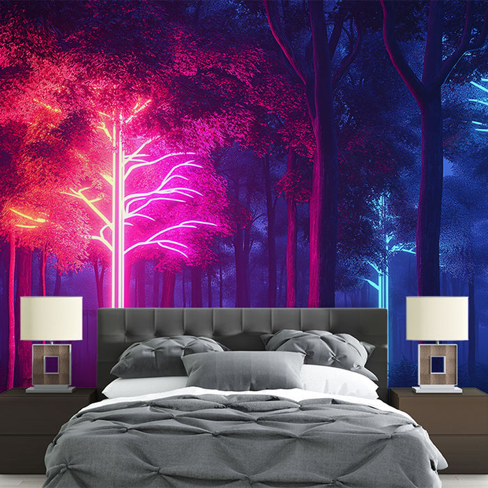 Ozadje svetlečega gozda | Neonska drevesa z živahnimi barvami v mistični pokrajini