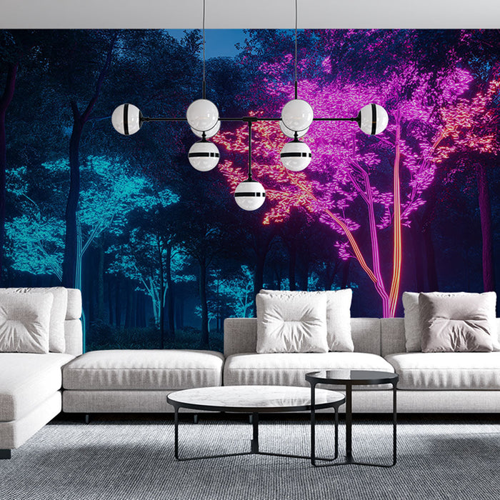 Tapeta zářivý les | Stromy v neonových barvách v noční atmosféře