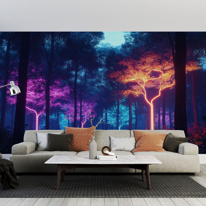 Fototapeta svetleči gozd | Neonska drevesa v očarljivem nočnem vzdušju
