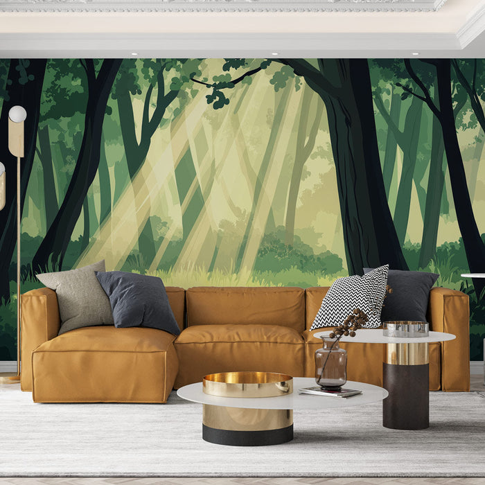 Tapeta zářivý les | Paprsky světla procházející bujným podrostem