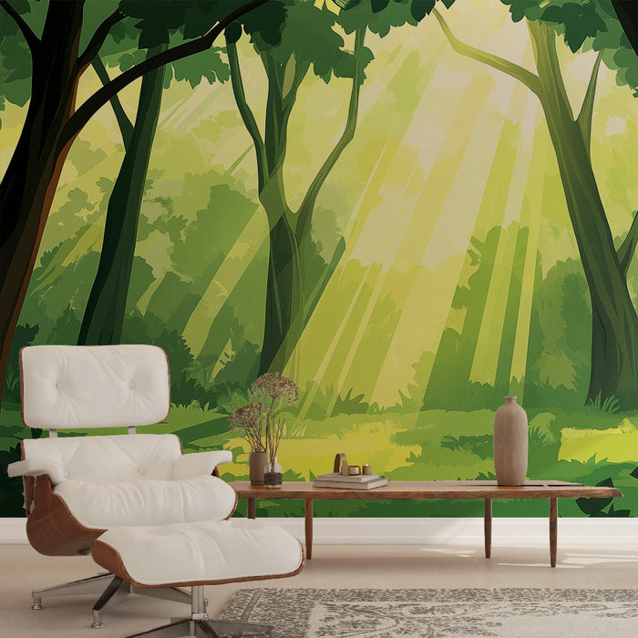 Tapete leuchtender Wald | Sonnenstrahlen durch grüne Bäume