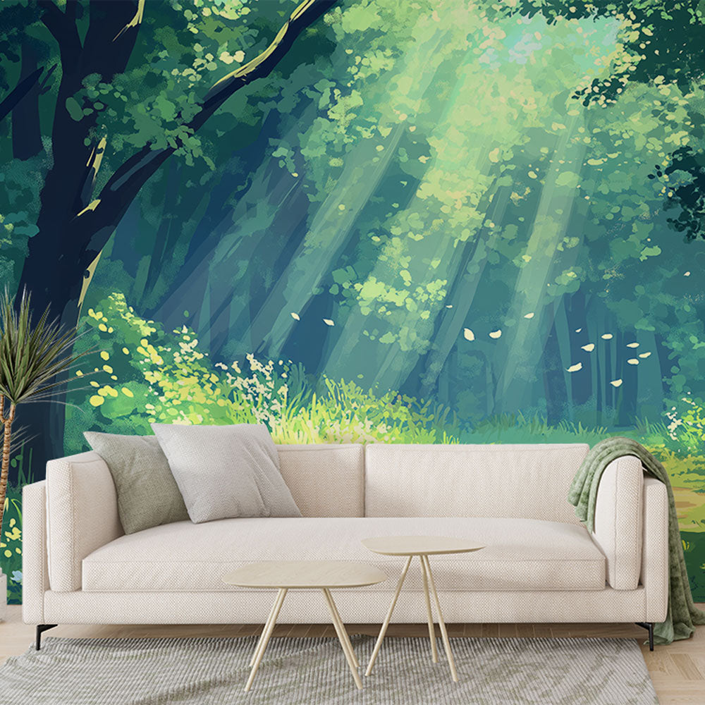 Papel pintado bosque luminoso Camino soleado a través de los exuberantes árboles verdes