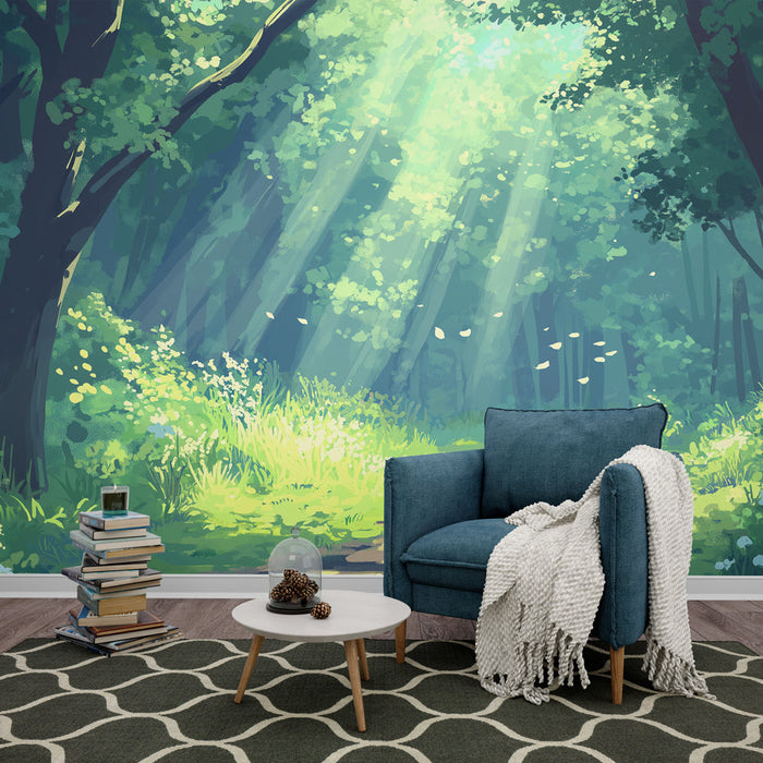 Foto Behang luminous forest | Een zonnig pad door de weelderige groene bomen