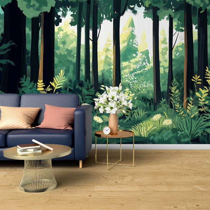 Tapete üppiger Wald | Eine grüne Waldlandschaft mit lebhaften Blumen