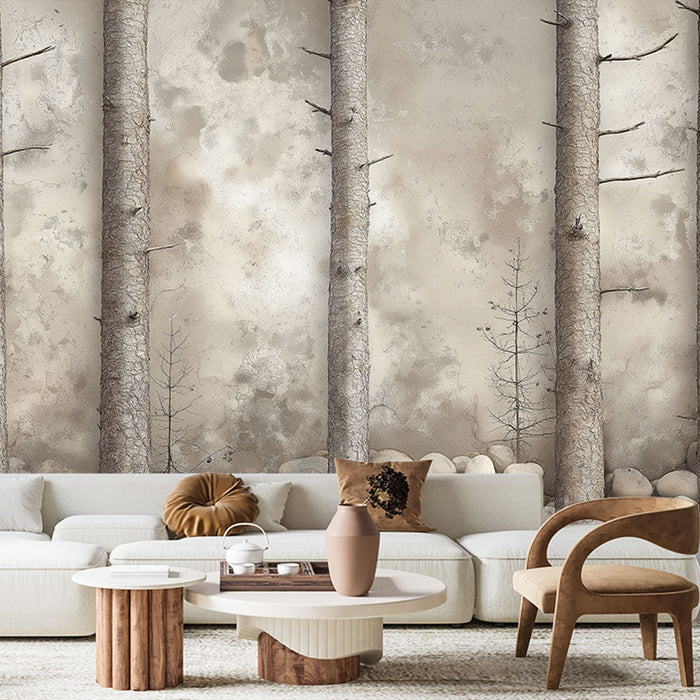 Tapeta minimalny las | Stylizowane drzewa z kamieniami i neutralne tło