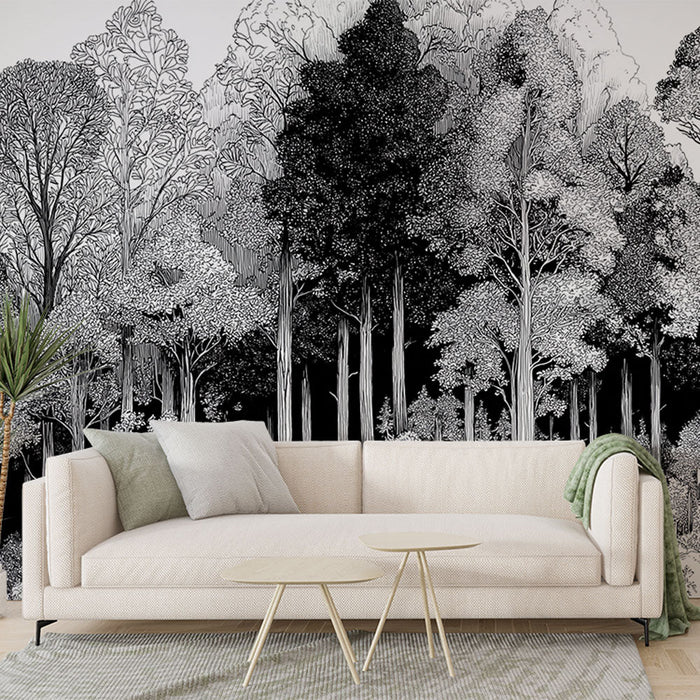 Tapete forest monochrome | Καλλιτεχνική απεικόνιση ποικίλων φυλλωμάτων σε μαύρο και λευκό