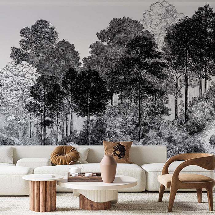 Carta da parati foresta monocromatica | Un paesaggio di foresta in bianco e nero