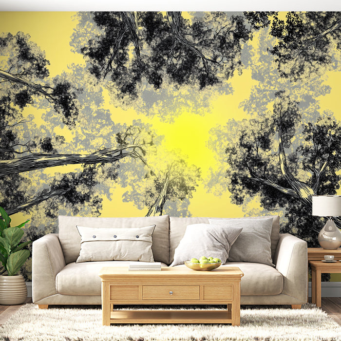 Tapeta les monochromatická | Pohled shora na stylizované stromy s žlutým pozadím