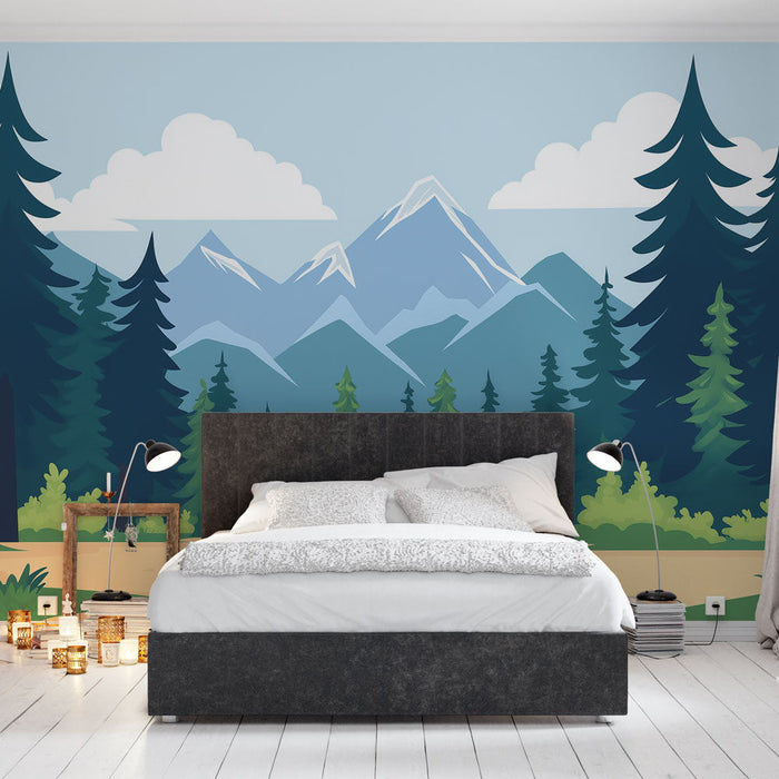 Tapeta górski las | Kojący krajobraz iglastych drzew i majestatycznych gór