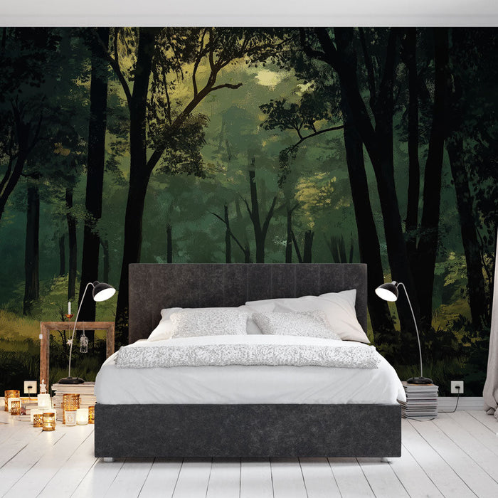 Foto Behang mysterieuze bos | Rustgevend boslandschap met gouden licht