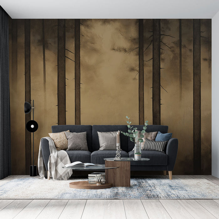 Foto Behang mysterieus bos | Boom silhouetten in een mistige sfeer