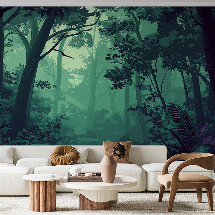 Fototapet gizemli orman | Yeşil ve mor dokunuşlarıyla sisli orman atmosferi