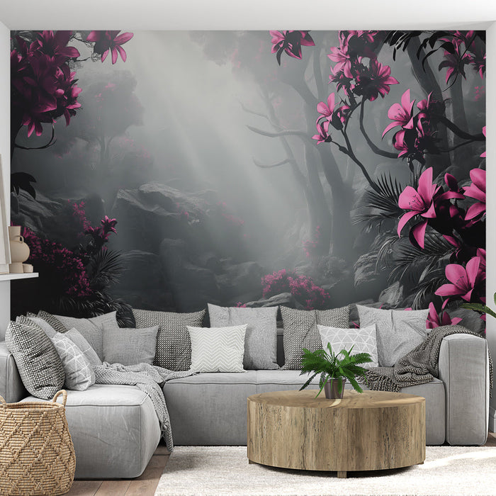 Mystical Forest Mural Wallpaper | Bright Pink Flowers in a Misty Environment