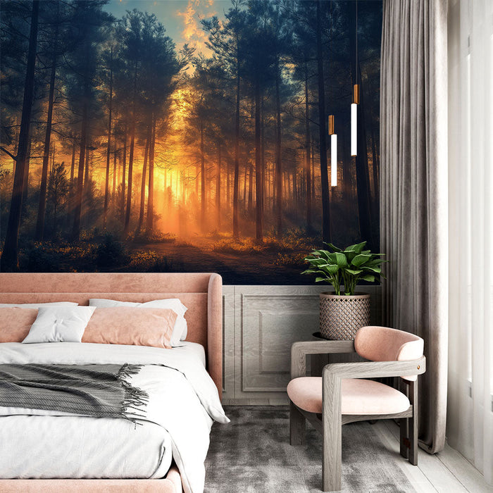 Mural Wallpaper mistična šuma | Zlatna svjetlost filtrirana kroz drveće