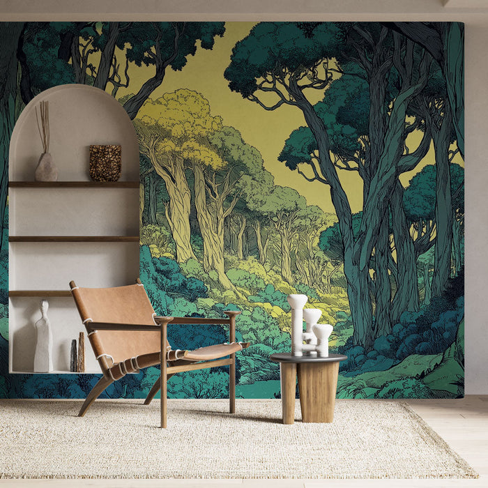 Muraaltapeet müstiline mets | Lummav stiliseeritud puude ja pehmete tulede maastik