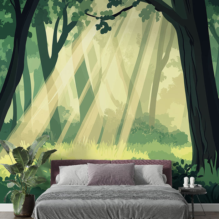 Tapeta mistyczny las | Promienie światła w bujnym lesie