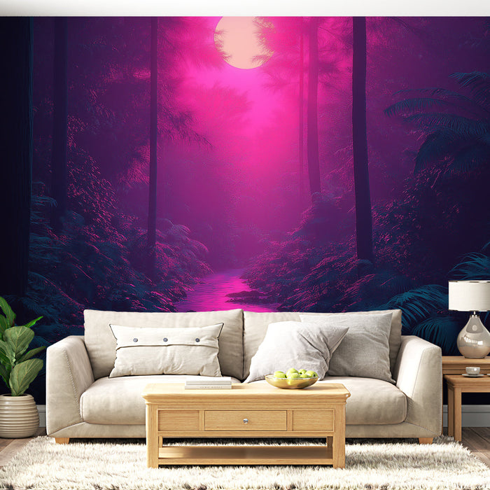 Tapeta mystický les | Řeka osvětlená pod růžovou oblohou