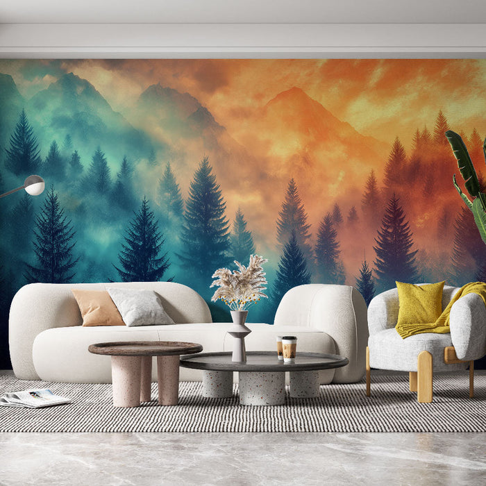 Fototapet mistik orman | Renkli bir gökyüzü altında çam ağaçlarının büyüleyici manzarası