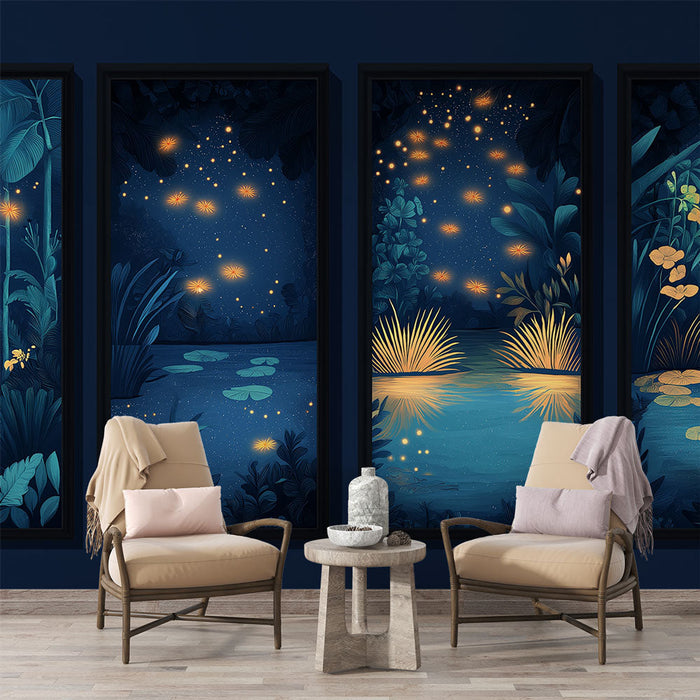 Papel pintado forêt nocturne | Ambiance féerique avec des reflets d'eau et des étoiles dorées