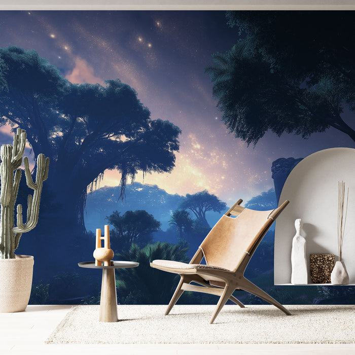 Tapetti yöaikainen metsä | Lumoava tähtitaivainen maisema majesteettisten puiden kanssa