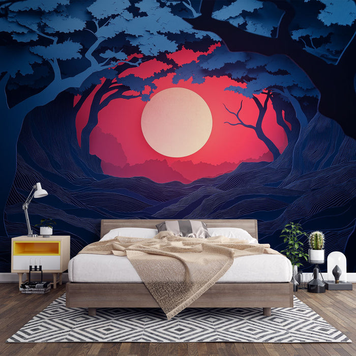 Falikép éjszakai erdő | Stilizált tájkép teliholddal és élénk éggel