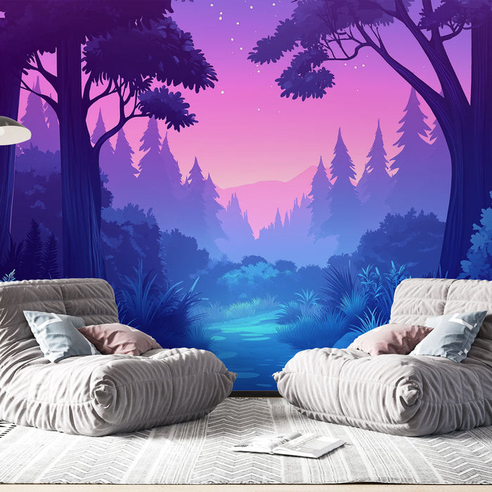 Fototapet gece ormanı | Yıldızlı bir gökyüzü altında büyüleyici bir orman manzarası