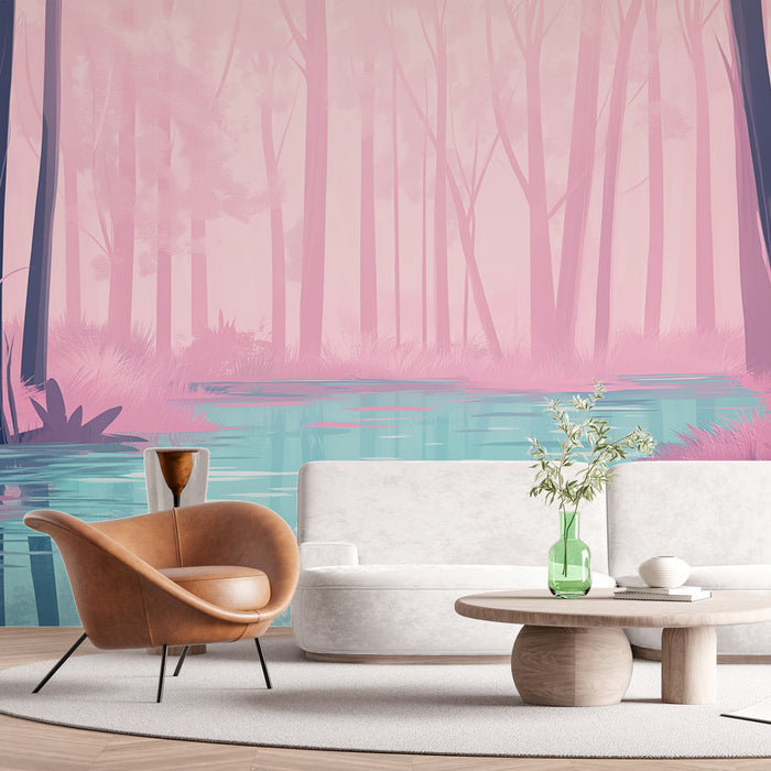 Fototapet drömmande skog | En drömsk landskap med en fridfull sjö och rosa träd