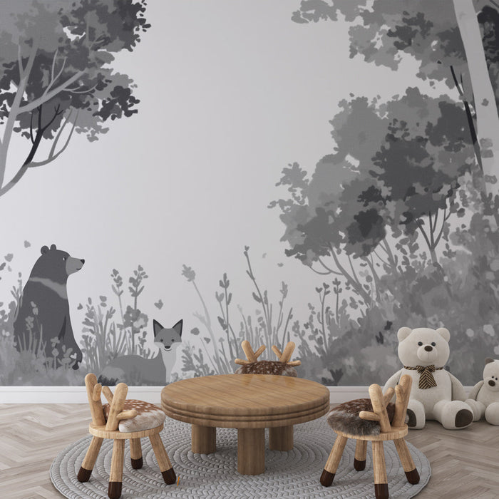 Tapetti metsä | Karhu ja kettu mustavalkoisena