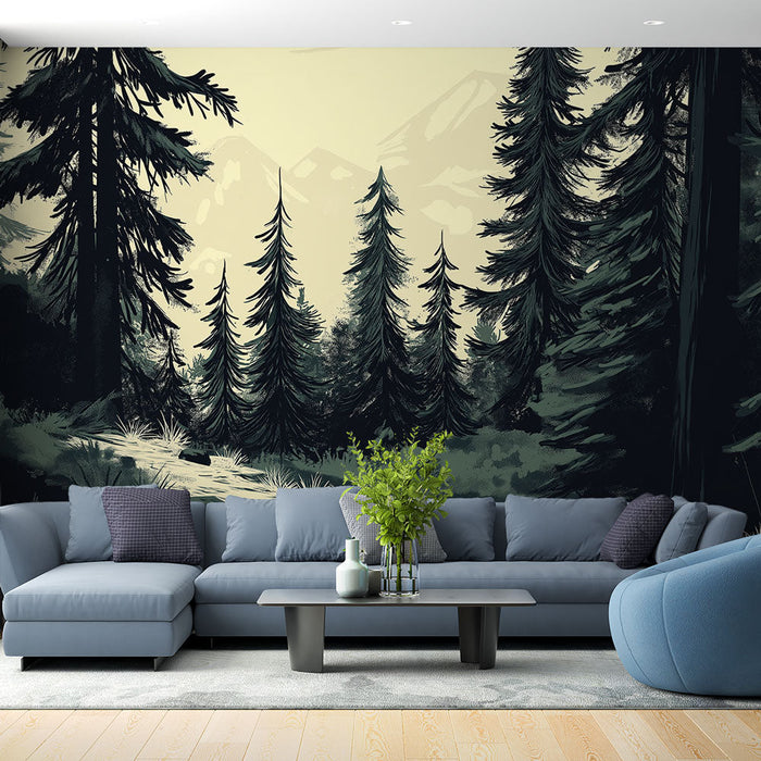 Mural Wallpaper forest | Dark plants and trees with soft light