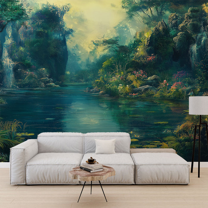 Mural Tapet forest | Peaceful river with flowers and waterfalls