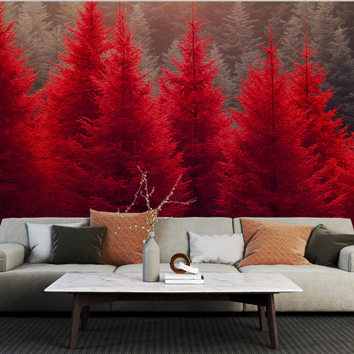 Fototapet kırmızı orman | Sisli ufukta canlı kırmızı ağaçlar