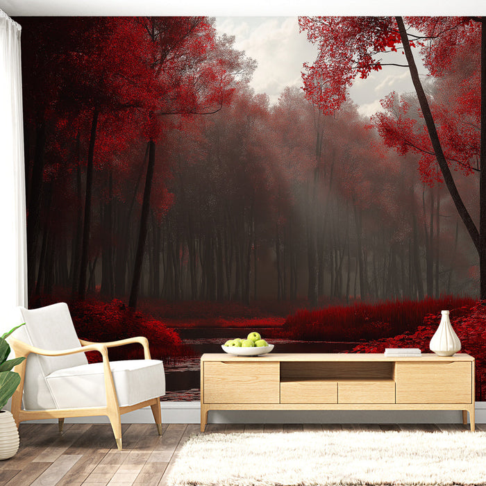 Papel pintado bosque rojo | Un ambiente misterioso con árboles de follaje escarlata