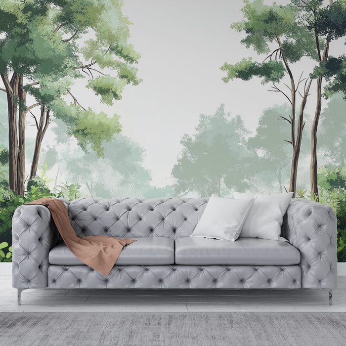 Mural Wallpaper forest | Lush natural scene with trees and green foliage