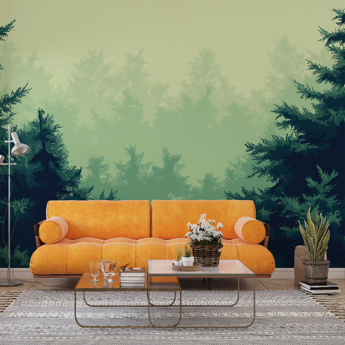 Tapeta stylizovaný les | Stromy ve stínu s nádechem zelené mlhy