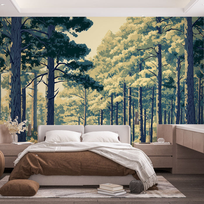 Тапет спокоен лес | Слънчева пътека в средата на величествени дървета