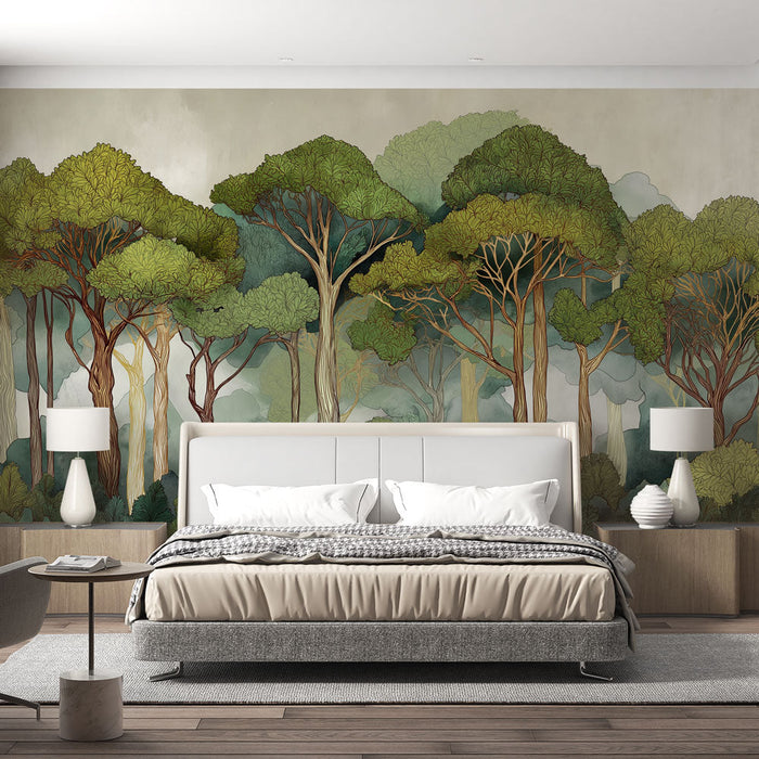 Papel pintado de selva tropical | Árboles frondosos con tonos variados y fondo relajante