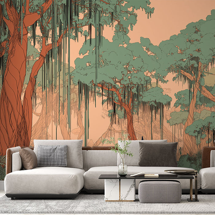 Fototapet tropikal orman | Kırmızı ve yeşil tonlarındaki muhteşem ağaçlar