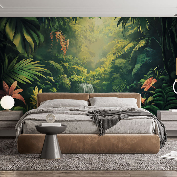 Fototapet tropisk skog | Skjult foss og livlige blomster