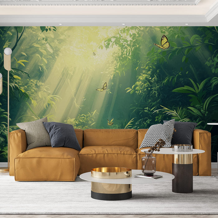 Tapeta las tropikalny | Miękkie światło i motyle w bujnej dżungli