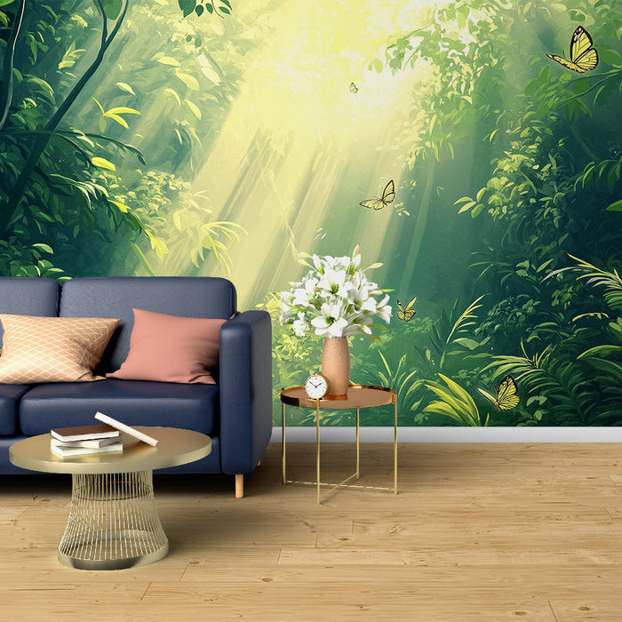 Mural Wallpaper tropical forest | Golden lights and butterflies in a lush jungle