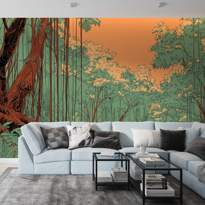 Fototapeta tropski gozd | Divja narava z zemeljskimi toni in oranžnim nebom